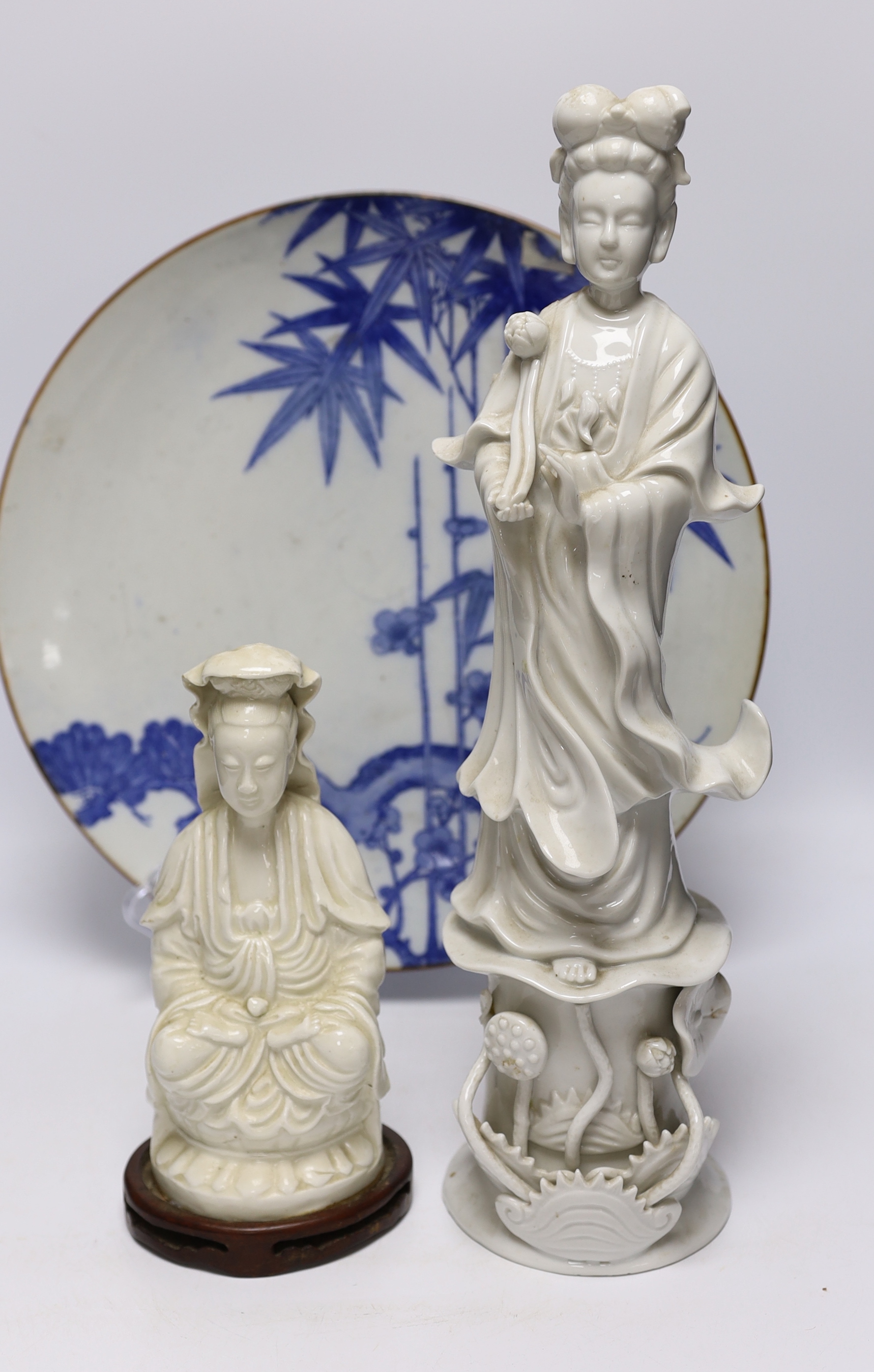 Japanese and Chinese ceramics including blue and white bamboo plate, blanc de chine figures, and Buddha with erotic scene to the base, largest 42cm high
